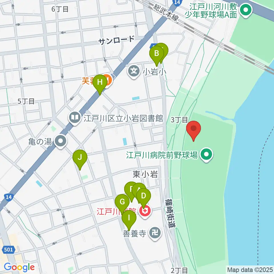 江戸川病院前野球場周辺の駐車場・コインパーキング一覧地図