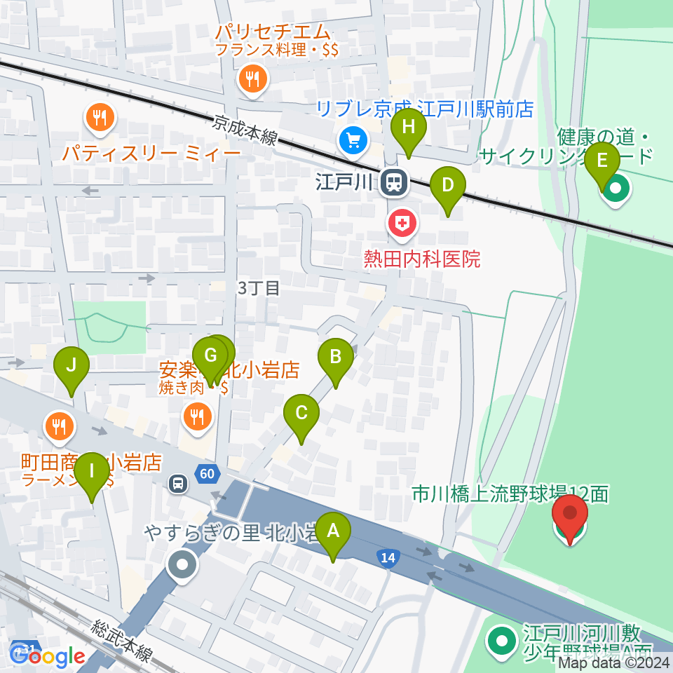 市川橋上流野球場周辺の駐車場・コインパーキング一覧地図