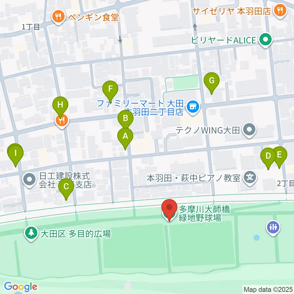多摩川大師橋緑地野球場周辺の駐車場・コインパーキング一覧地図