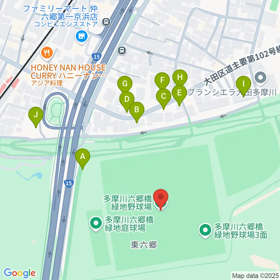 多摩川六郷橋緑地野球場周辺の駐車場・コインパーキング一覧地図