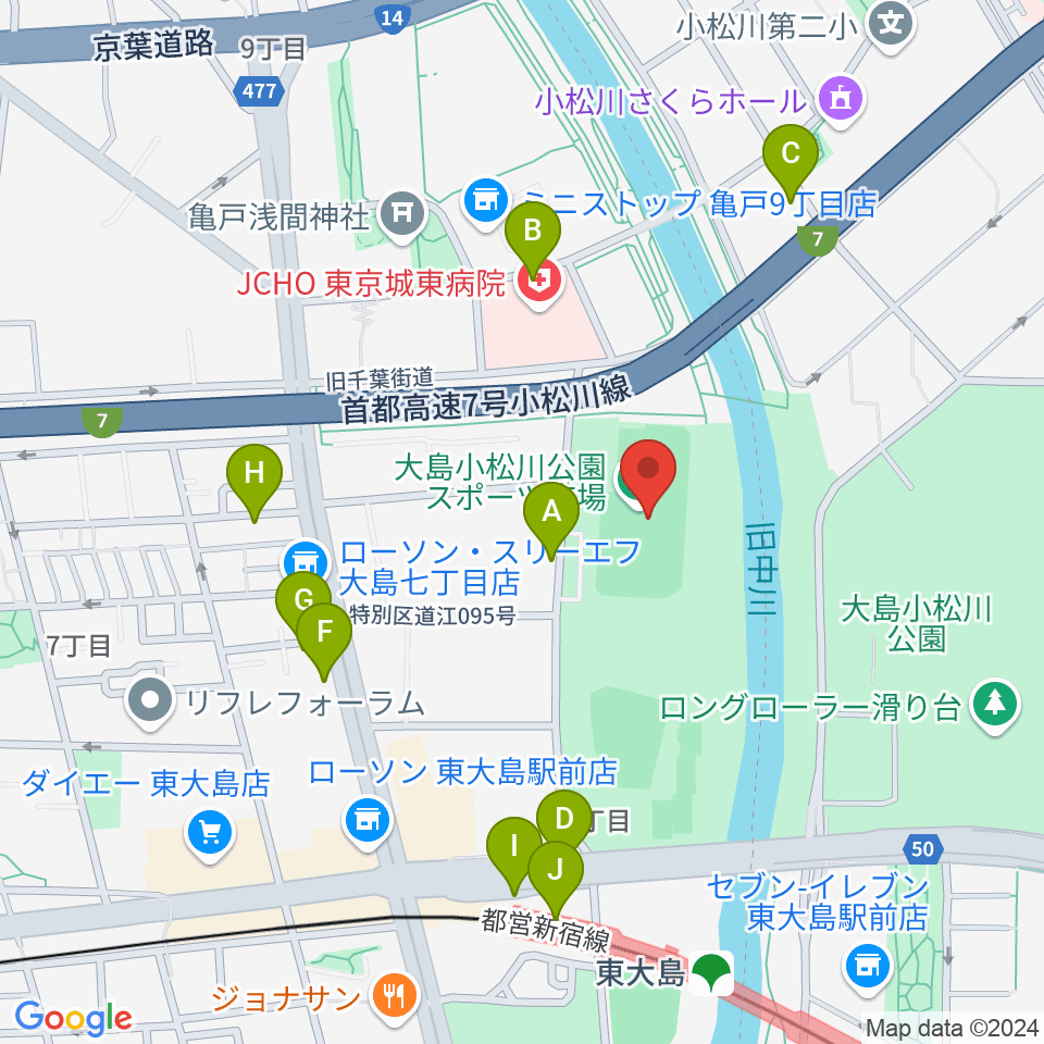 大島小松川公園サッカー場周辺の駐車場・コインパーキング一覧地図