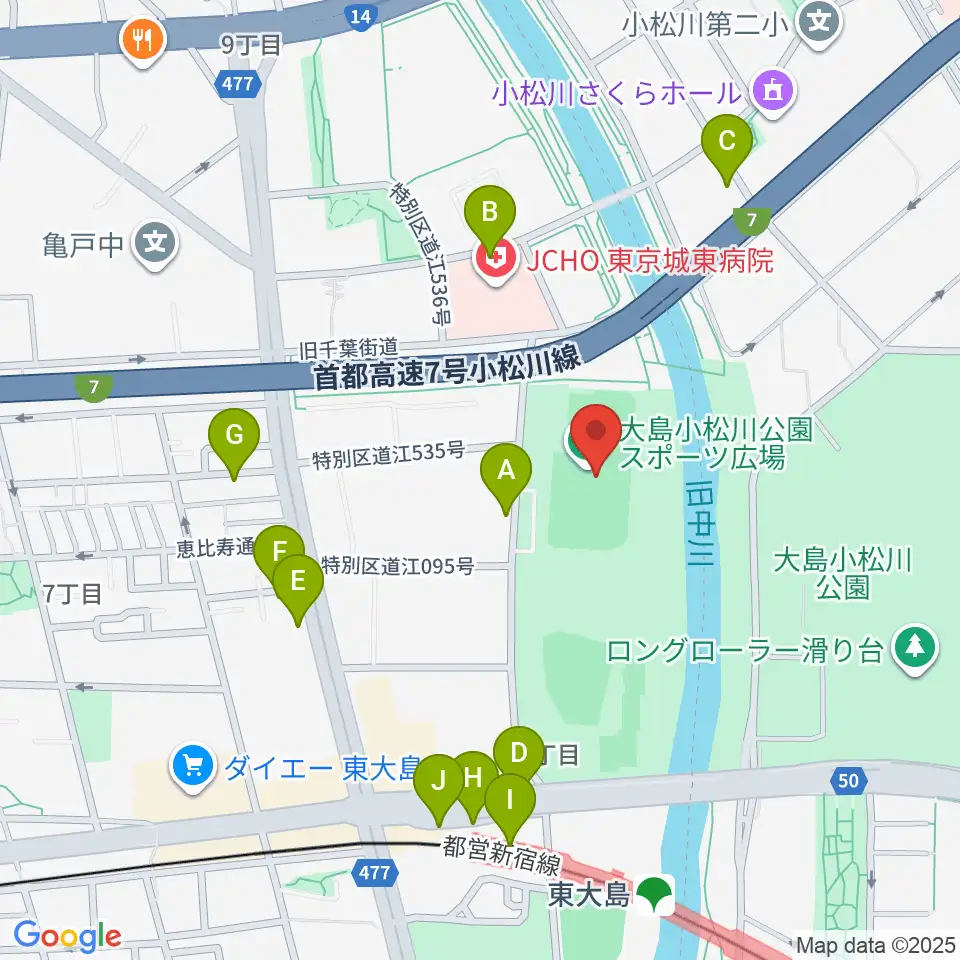 大島小松川公園サッカー場周辺の駐車場・コインパーキング一覧地図