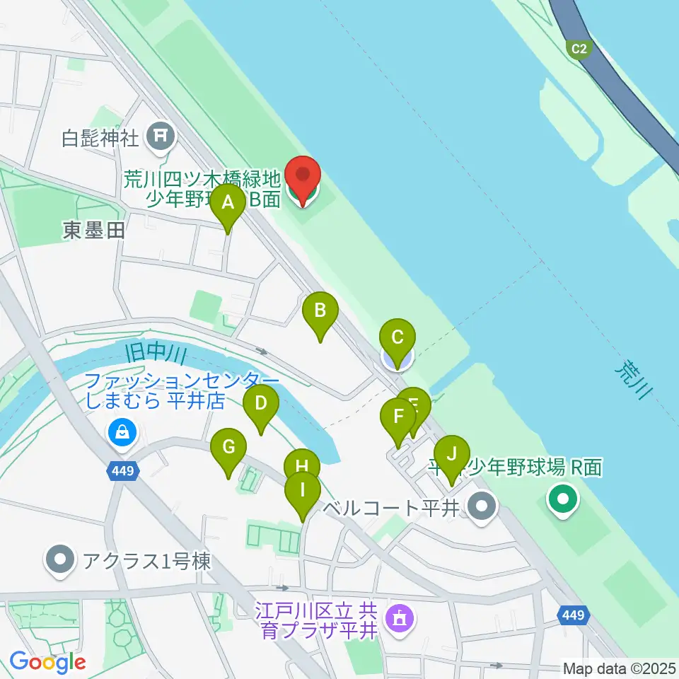 荒川四ツ木橋緑地少年野球場周辺の駐車場・コインパーキング一覧地図