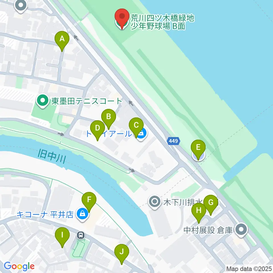 荒川四ツ木橋緑地少年野球場周辺の駐車場・コインパーキング一覧地図