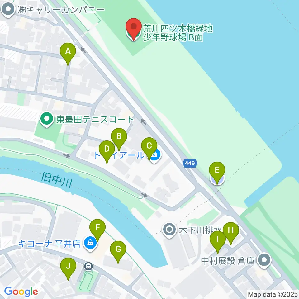 荒川四ツ木橋緑地少年野球場周辺の駐車場・コインパーキング一覧地図