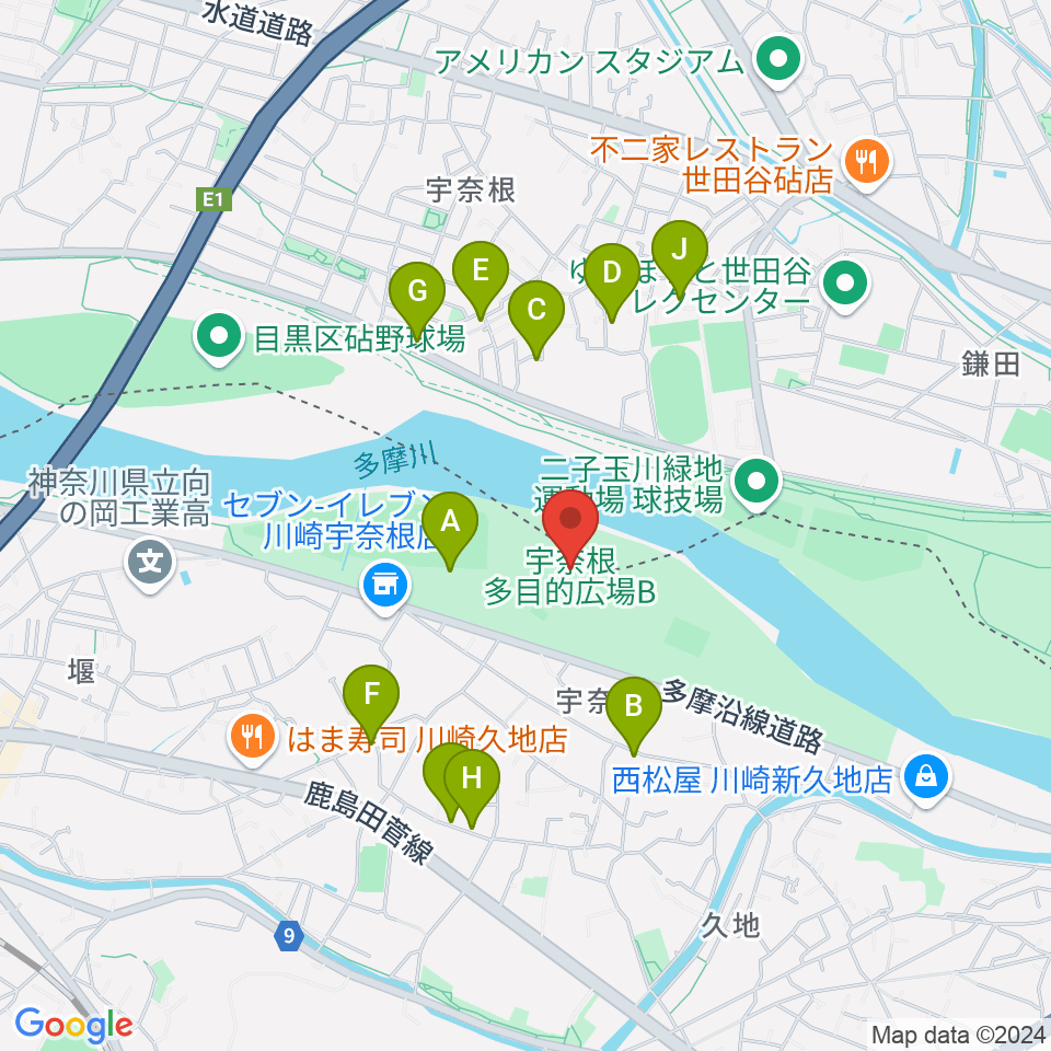 宇奈根多目的広場周辺の駐車場・コインパーキング一覧地図