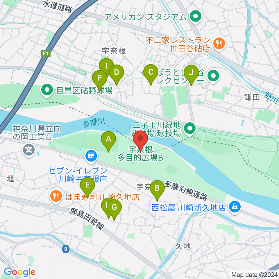 宇奈根多目的広場周辺の駐車場・コインパーキング一覧地図