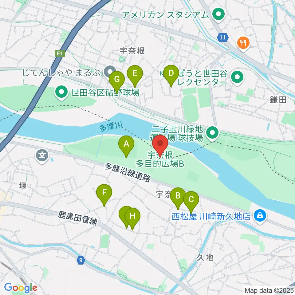 宇奈根多目的広場周辺の駐車場・コインパーキング一覧地図