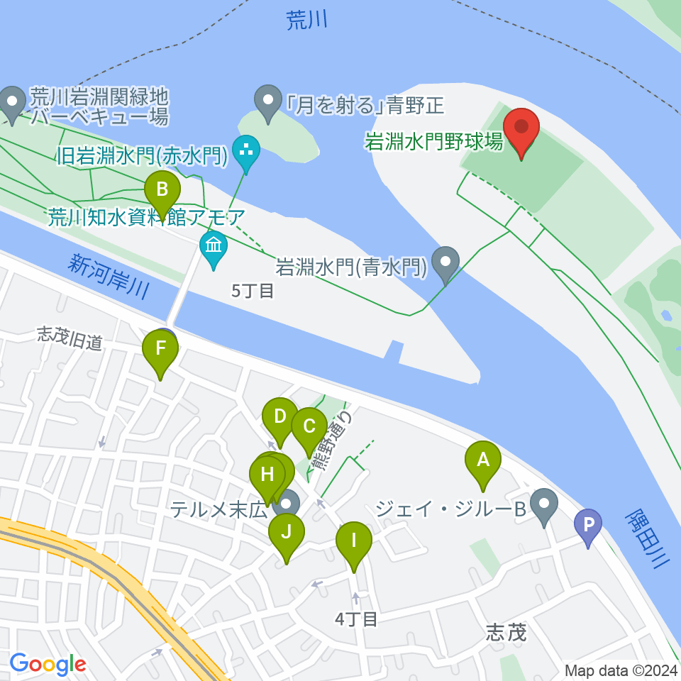 岩淵水門野球場周辺の駐車場・コインパーキング一覧地図