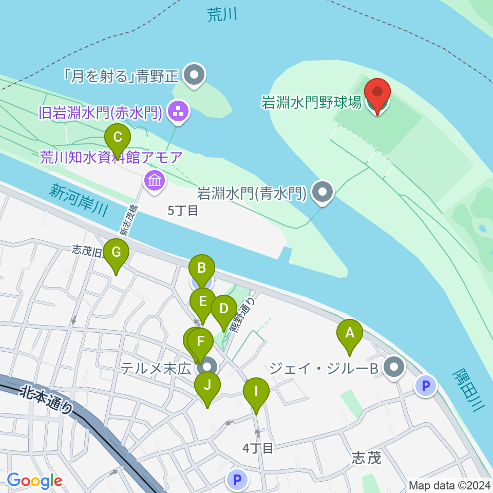 岩淵水門野球場周辺の駐車場・コインパーキング一覧地図