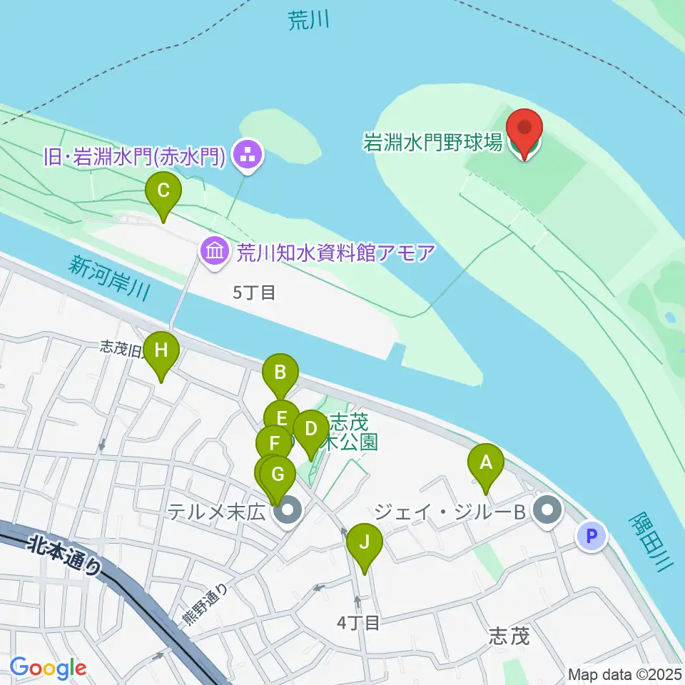 岩淵水門野球場周辺の駐車場・コインパーキング一覧地図