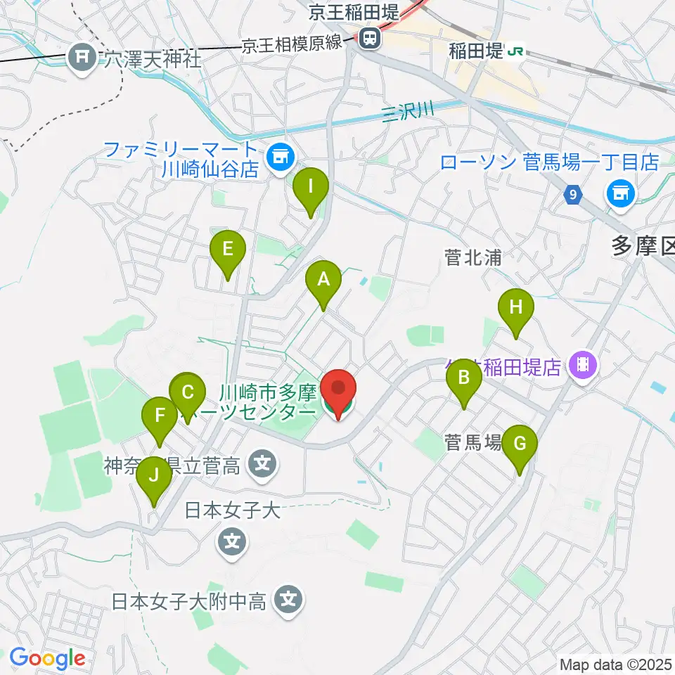 川崎市多摩スポーツセンター周辺の駐車場・コインパーキング一覧地図