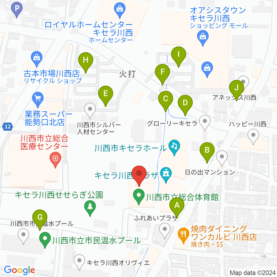 川西市総合体育館周辺の駐車場・コインパーキング一覧地図