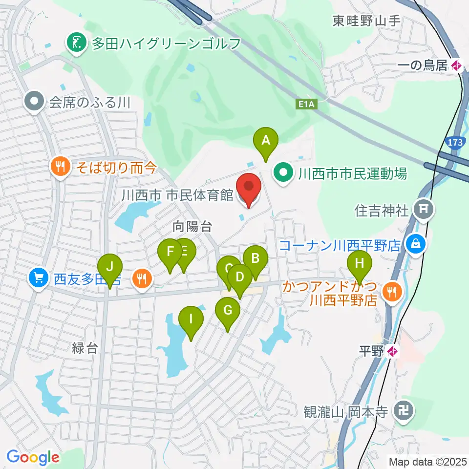 川西市市民体育館周辺の駐車場・コインパーキング一覧地図