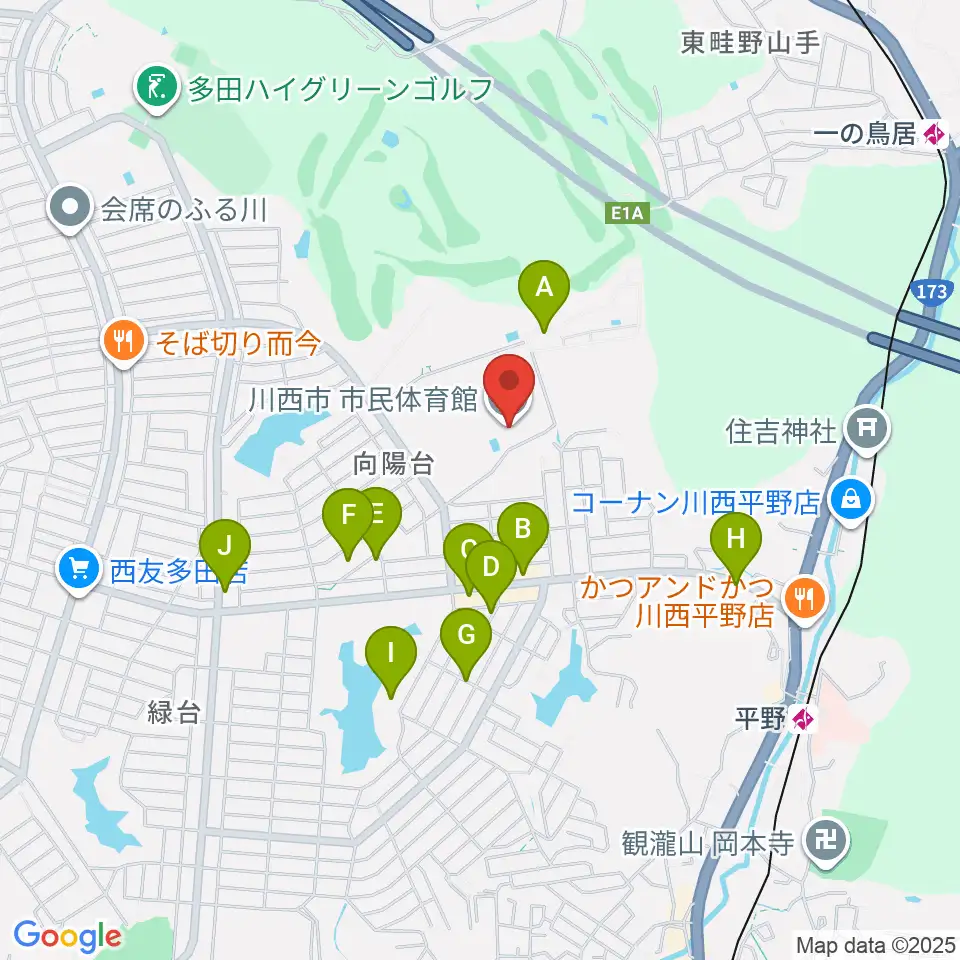 川西市市民体育館周辺の駐車場・コインパーキング一覧地図