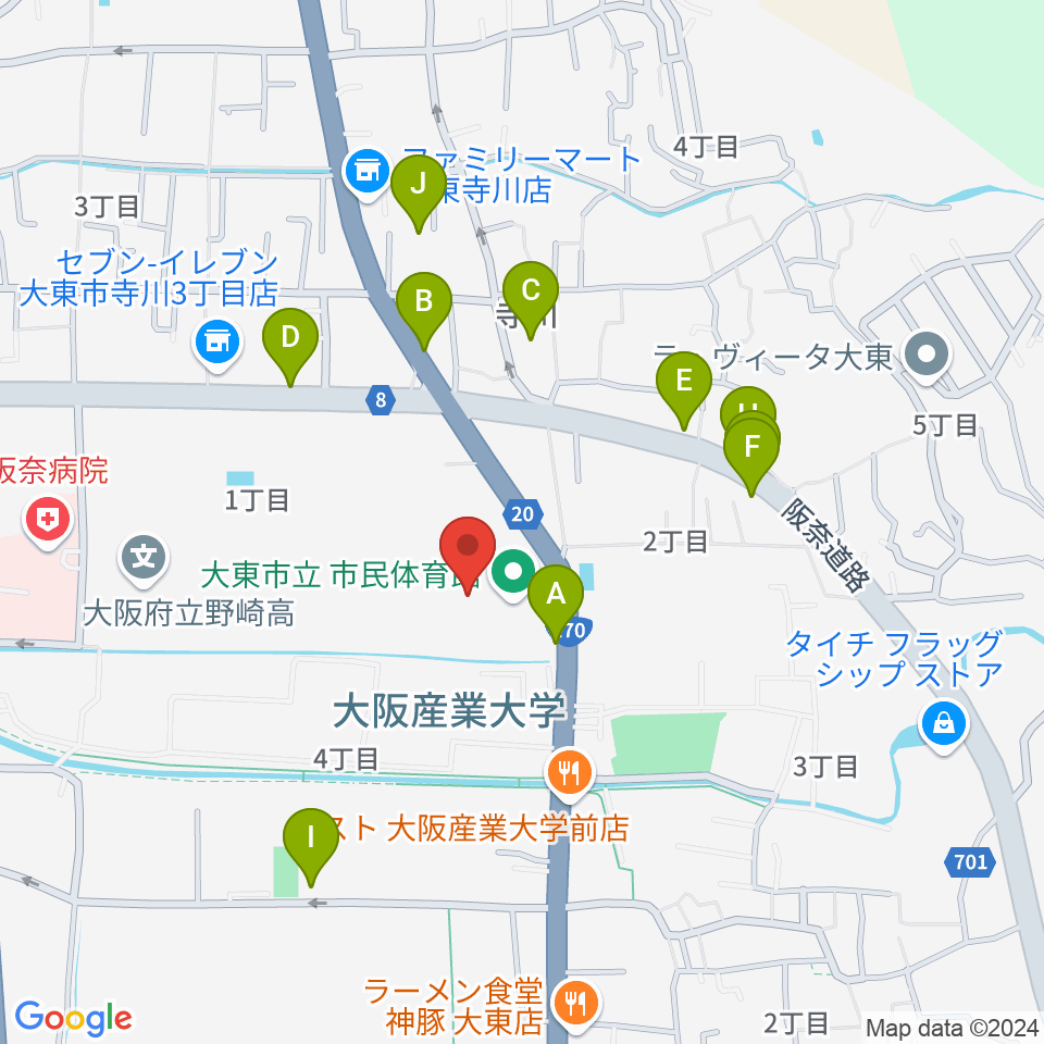 大東市立市民体育館周辺の駐車場・コインパーキング一覧地図