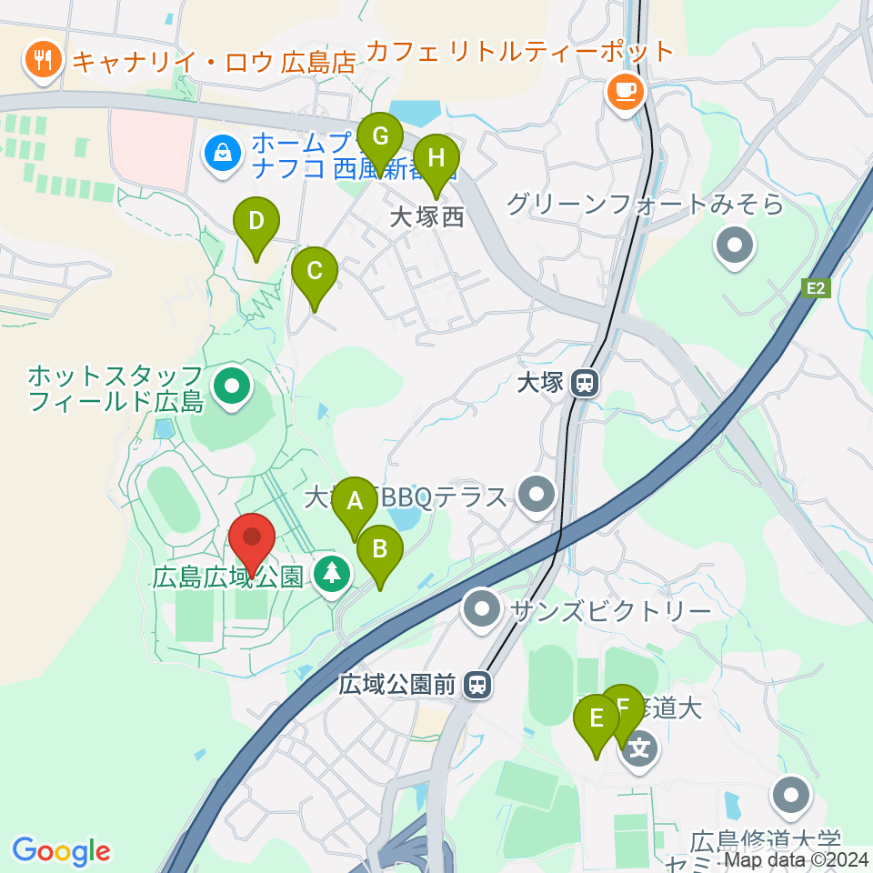 広島広域公園第二球技場周辺の駐車場・コインパーキング一覧地図