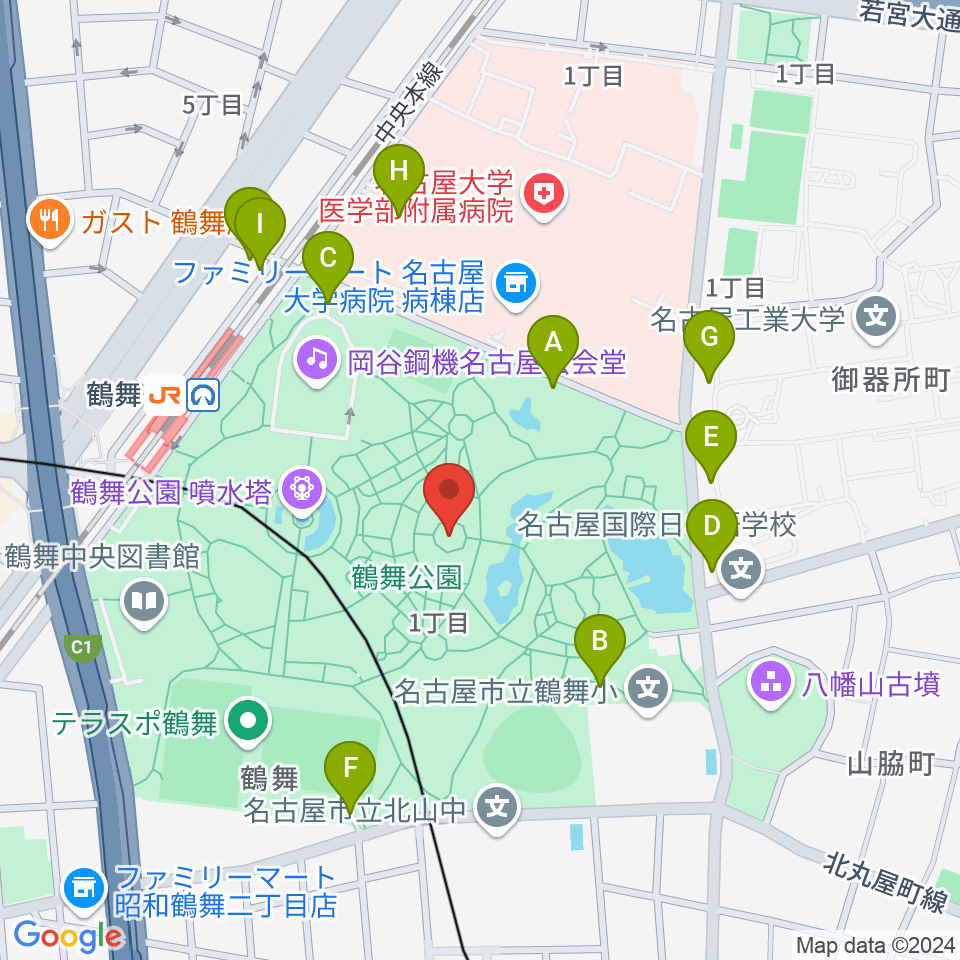 鶴舞公園奏楽堂周辺の駐車場・コインパーキング一覧地図