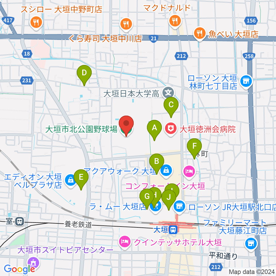 大垣市北公園野球場周辺の駐車場・コインパーキング一覧地図