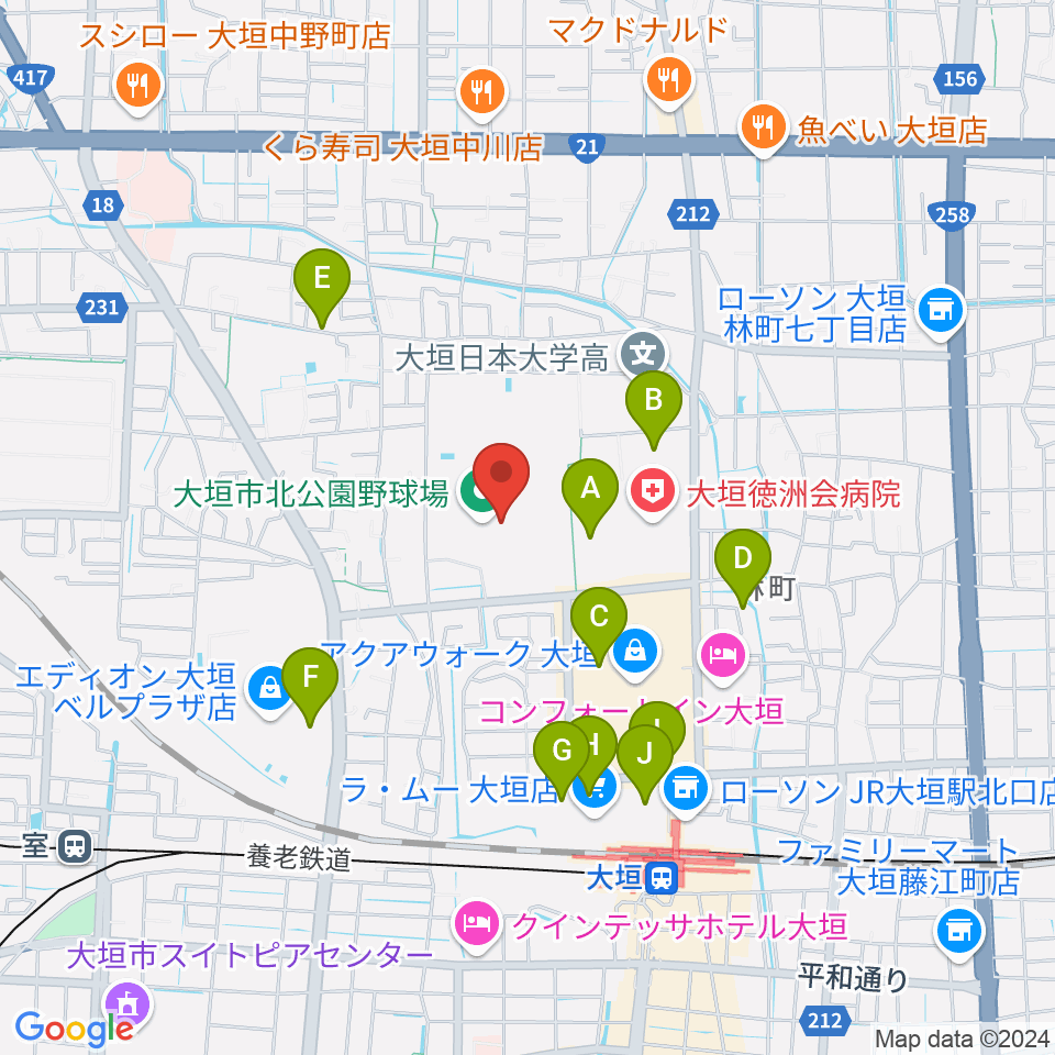 大垣市北公園陸上競技場周辺の駐車場・コインパーキング一覧地図