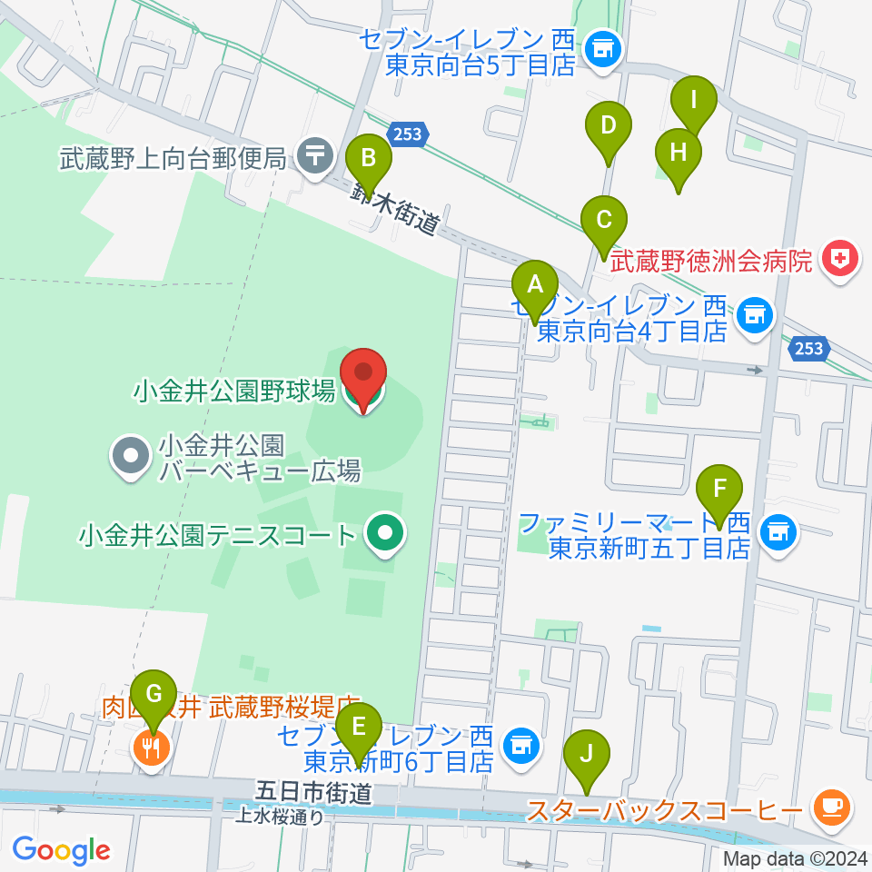 小金井公園野球場周辺の駐車場・コインパーキング一覧地図