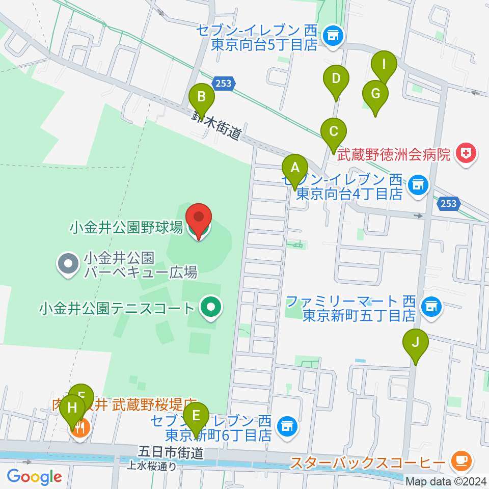 小金井公園野球場周辺の駐車場・コインパーキング一覧地図