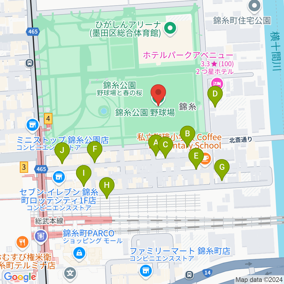 錦糸公園野球場周辺の駐車場・コインパーキング一覧地図