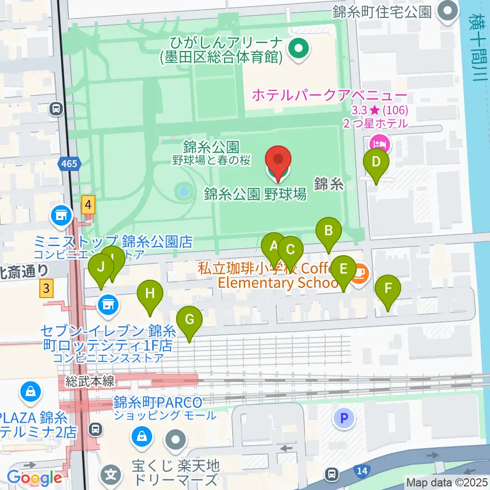 錦糸公園野球場周辺の駐車場・コインパーキング一覧地図