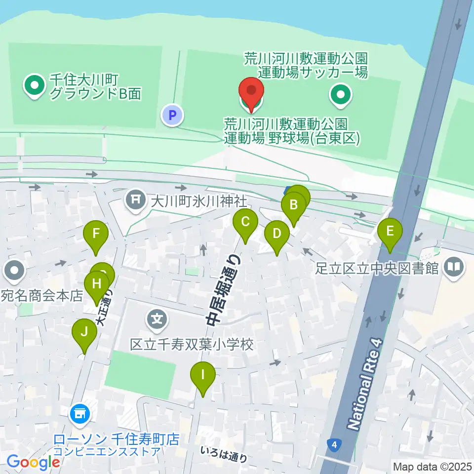 荒川河川敷運動公園野球場周辺の駐車場・コインパーキング一覧地図