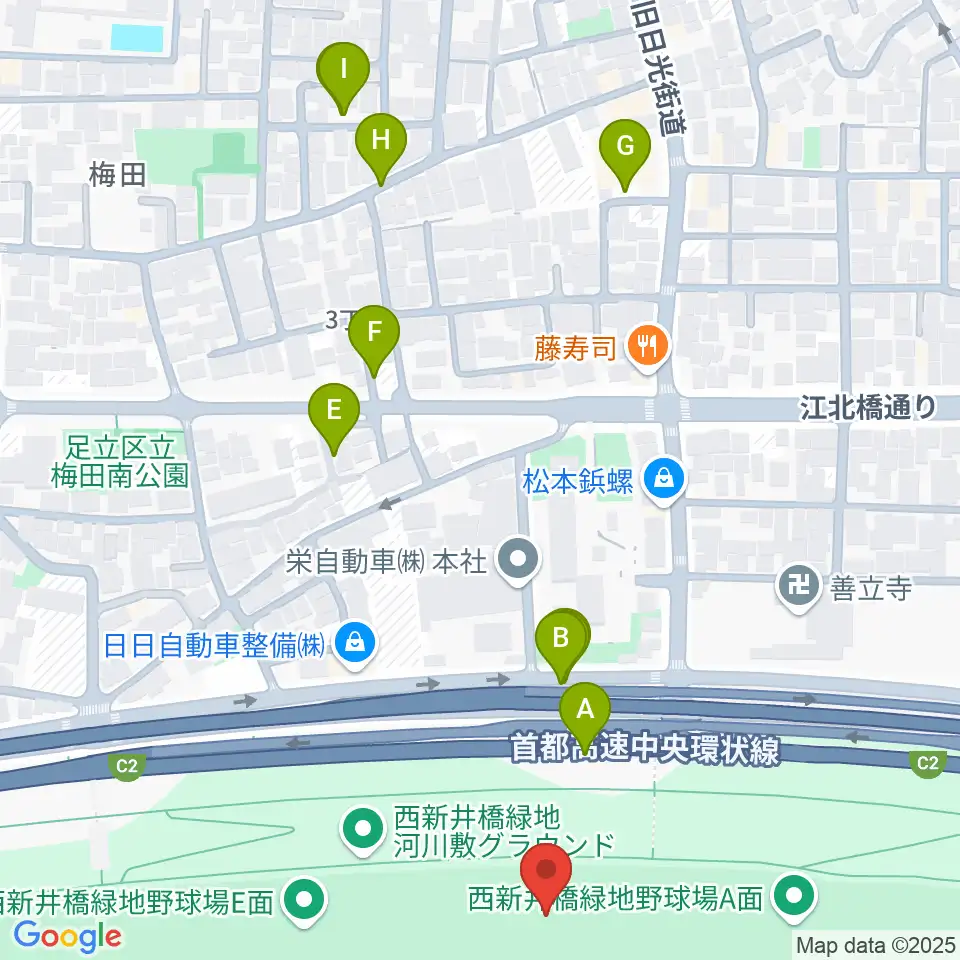 西新井橋緑地野球場周辺の駐車場・コインパーキング一覧地図