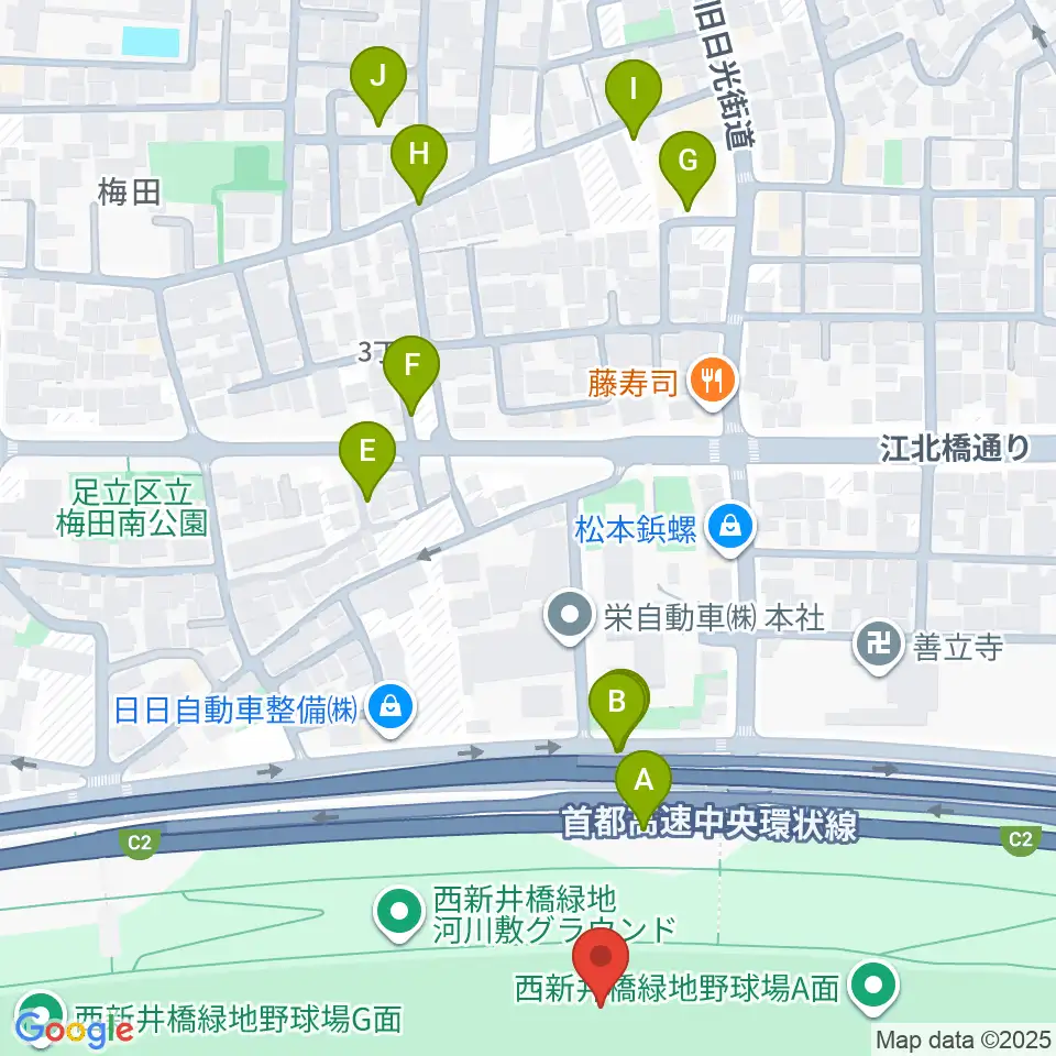 西新井橋緑地野球場周辺の駐車場・コインパーキング一覧地図
