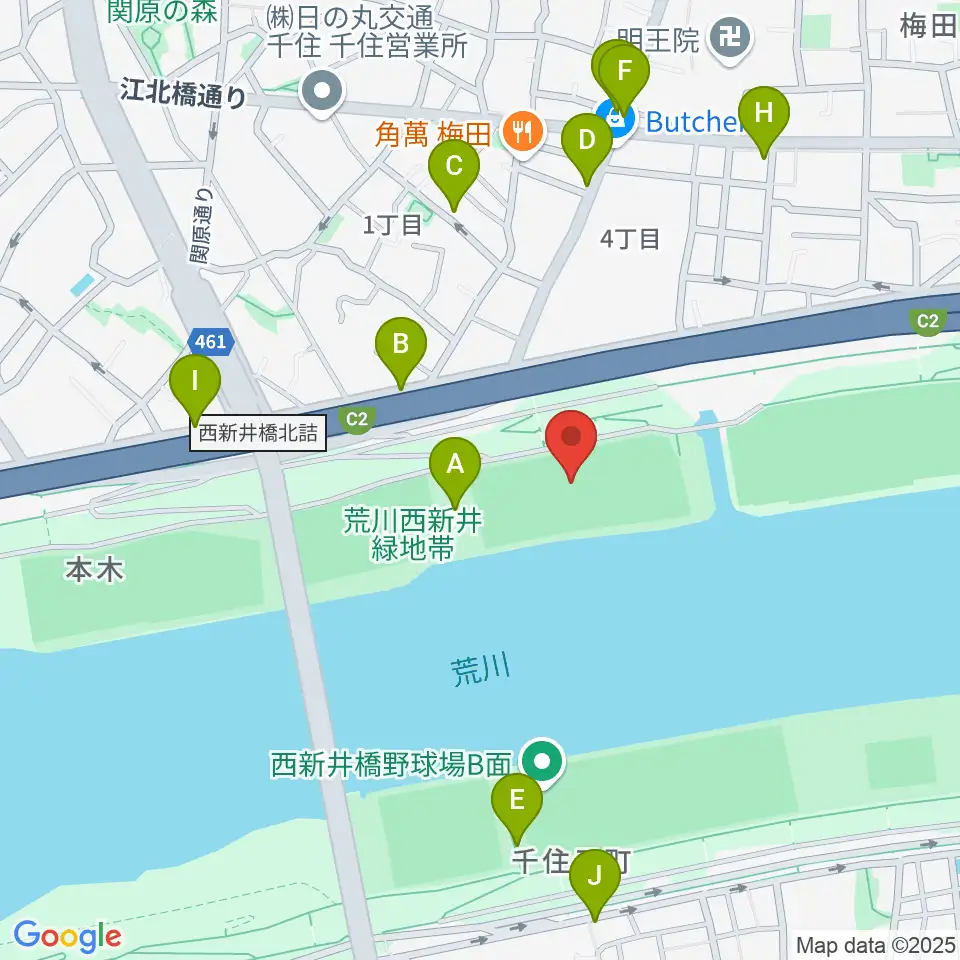 西新井橋緑地球技場周辺の駐車場・コインパーキング一覧地図