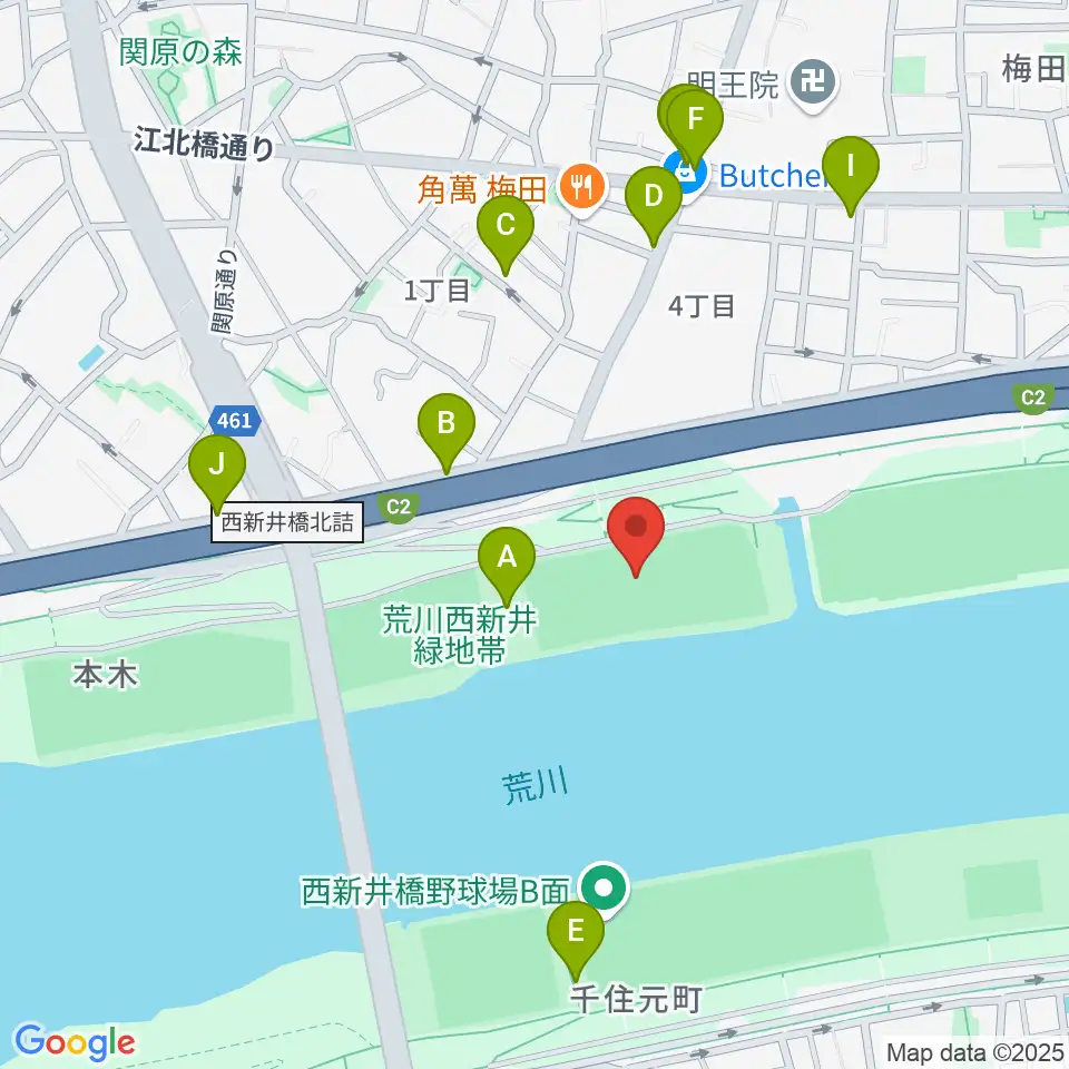 西新井橋緑地球技場周辺の駐車場・コインパーキング一覧地図