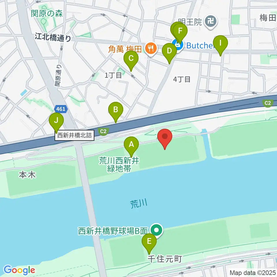 西新井橋緑地球技場周辺の駐車場・コインパーキング一覧地図