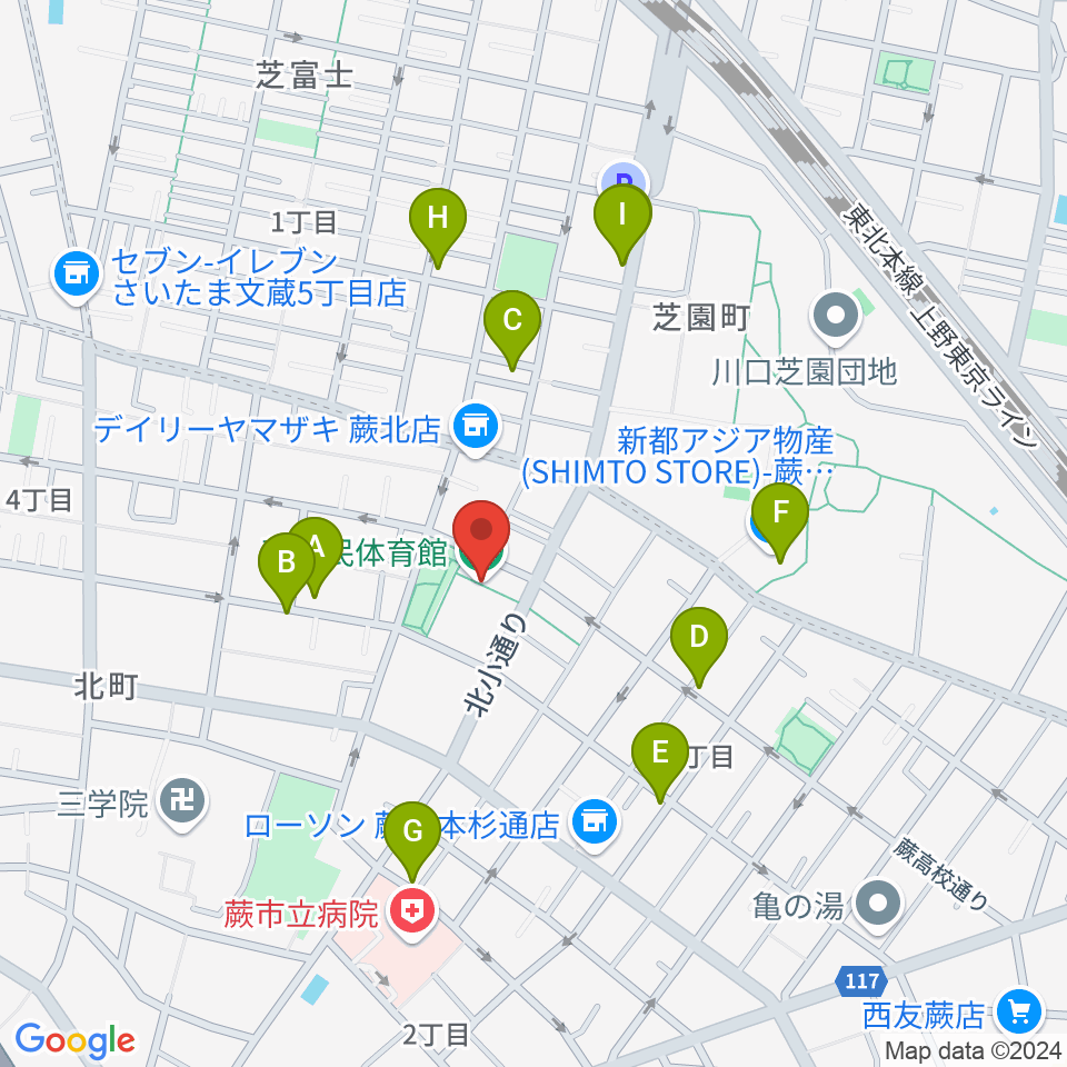 蕨市民体育館周辺の駐車場・コインパーキング一覧地図