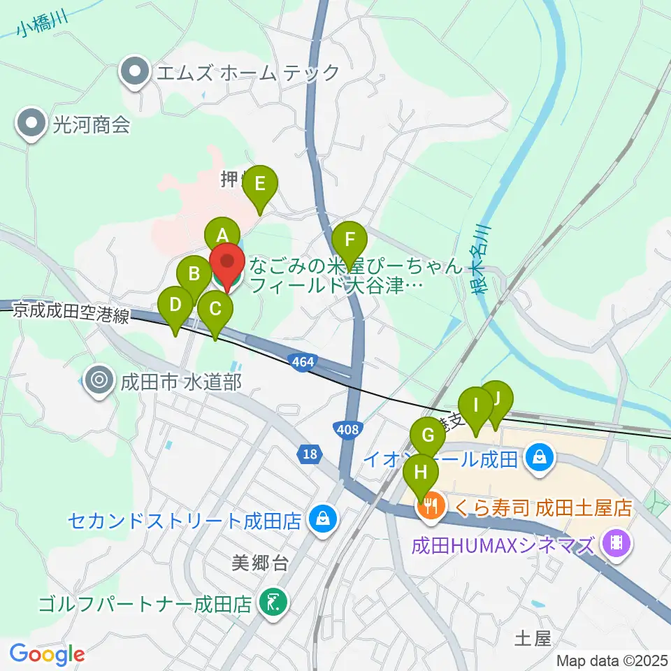 なごみの米屋ぴーちゃんフィールド大谷津 野球場周辺の駐車場・コインパーキング一覧地図