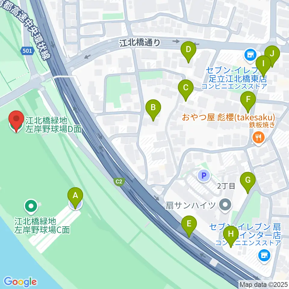 江北橋緑地左岸野球場周辺の駐車場・コインパーキング一覧地図
