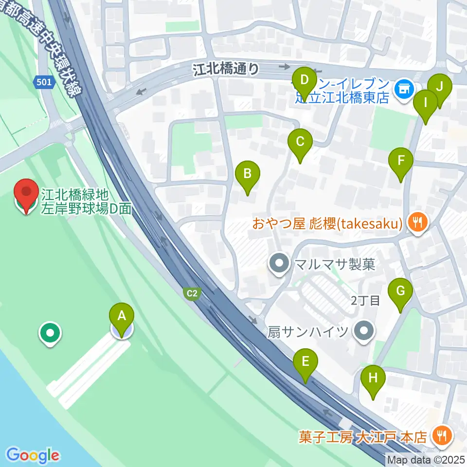 江北橋緑地左岸野球場周辺の駐車場・コインパーキング一覧地図