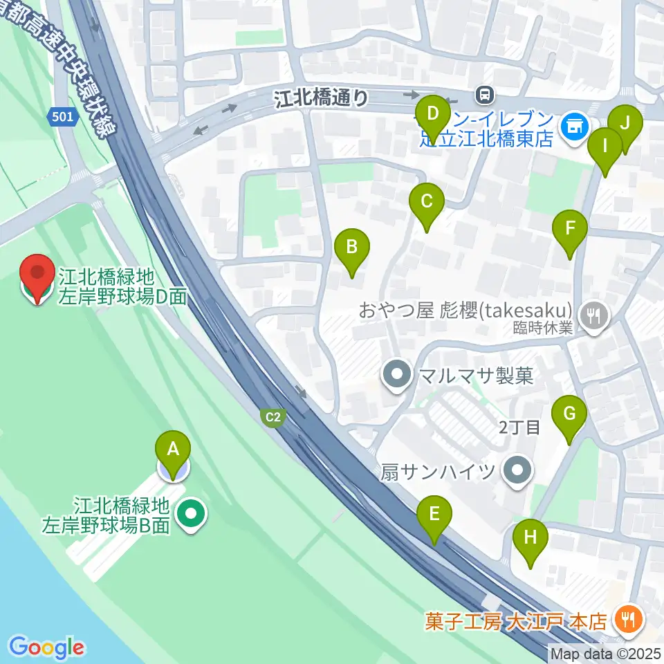 江北橋緑地左岸野球場周辺の駐車場・コインパーキング一覧地図