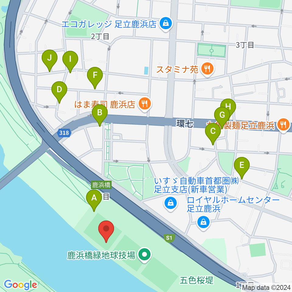 鹿浜橋緑地野球場周辺の駐車場・コインパーキング一覧地図