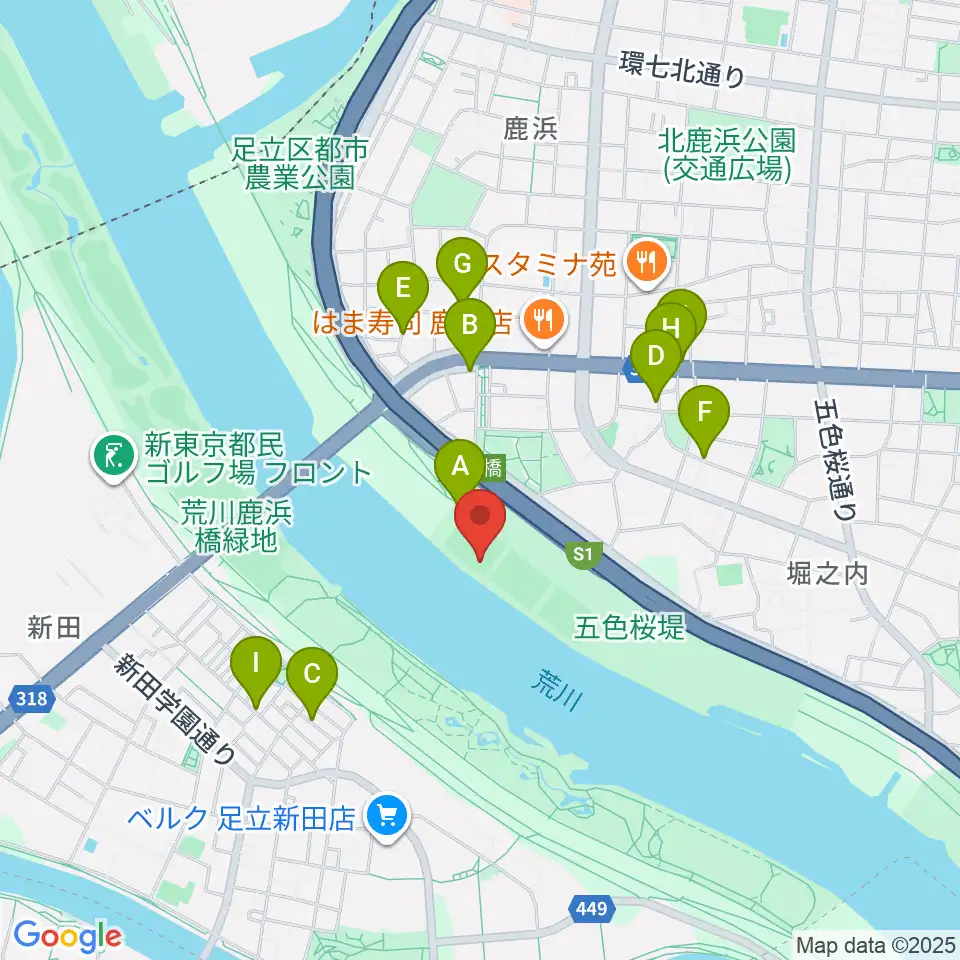 鹿浜橋緑地野球場周辺の駐車場・コインパーキング一覧地図