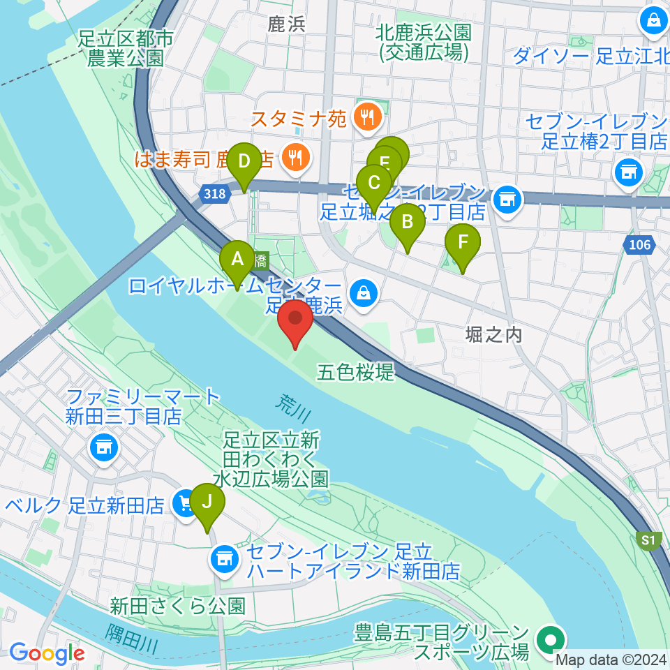 鹿浜橋緑地球技場周辺の駐車場・コインパーキング一覧地図