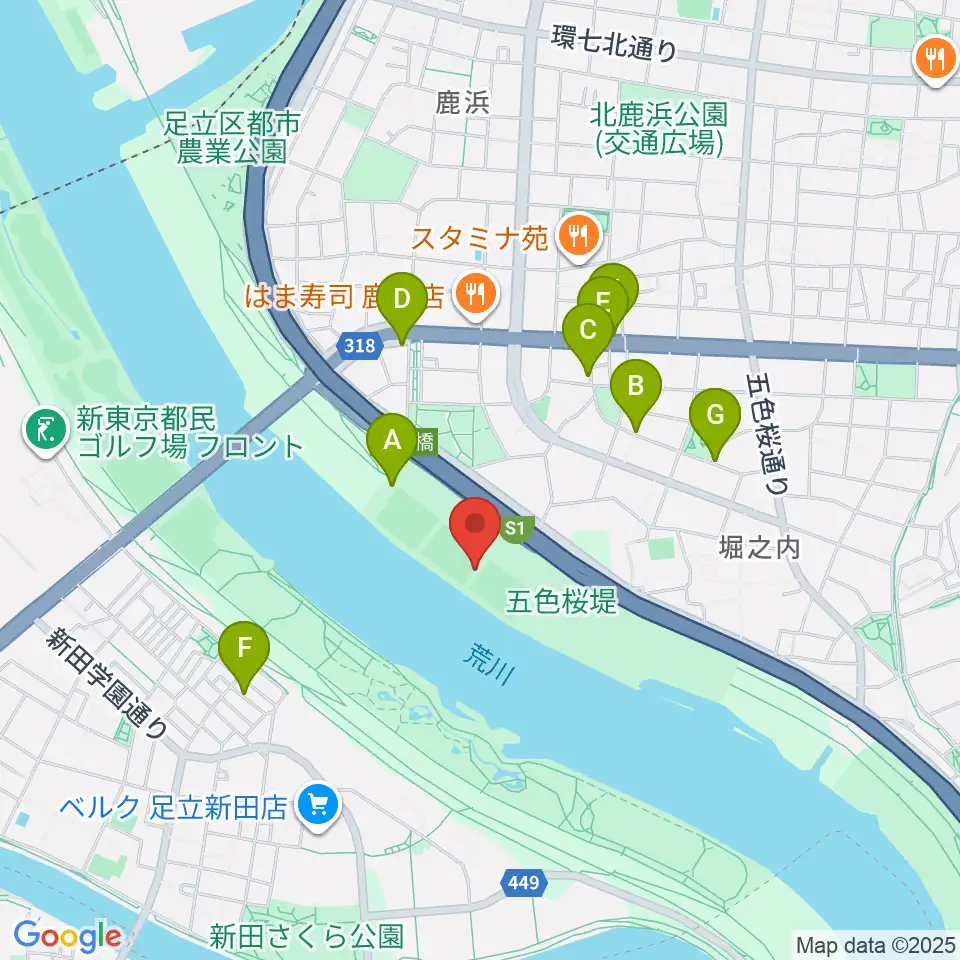 鹿浜橋緑地球技場周辺の駐車場・コインパーキング一覧地図