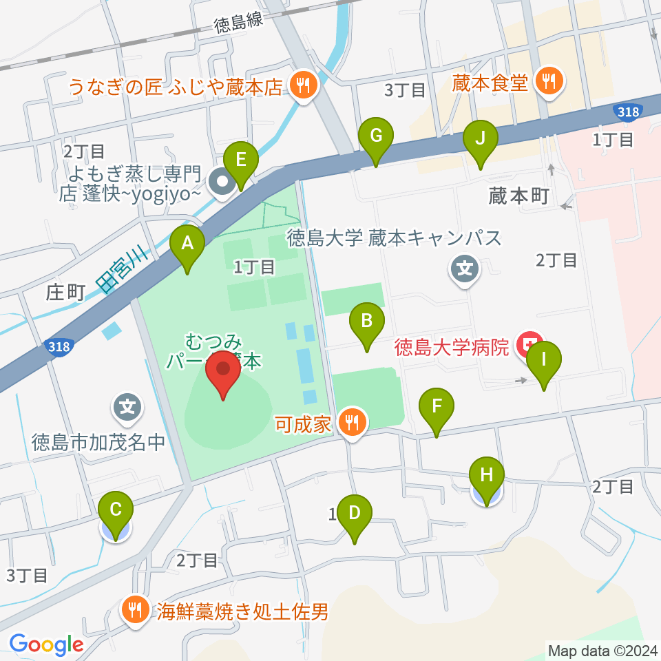 むつみパーク蔵本むつみスタジアム周辺の駐車場・コインパーキング一覧地図