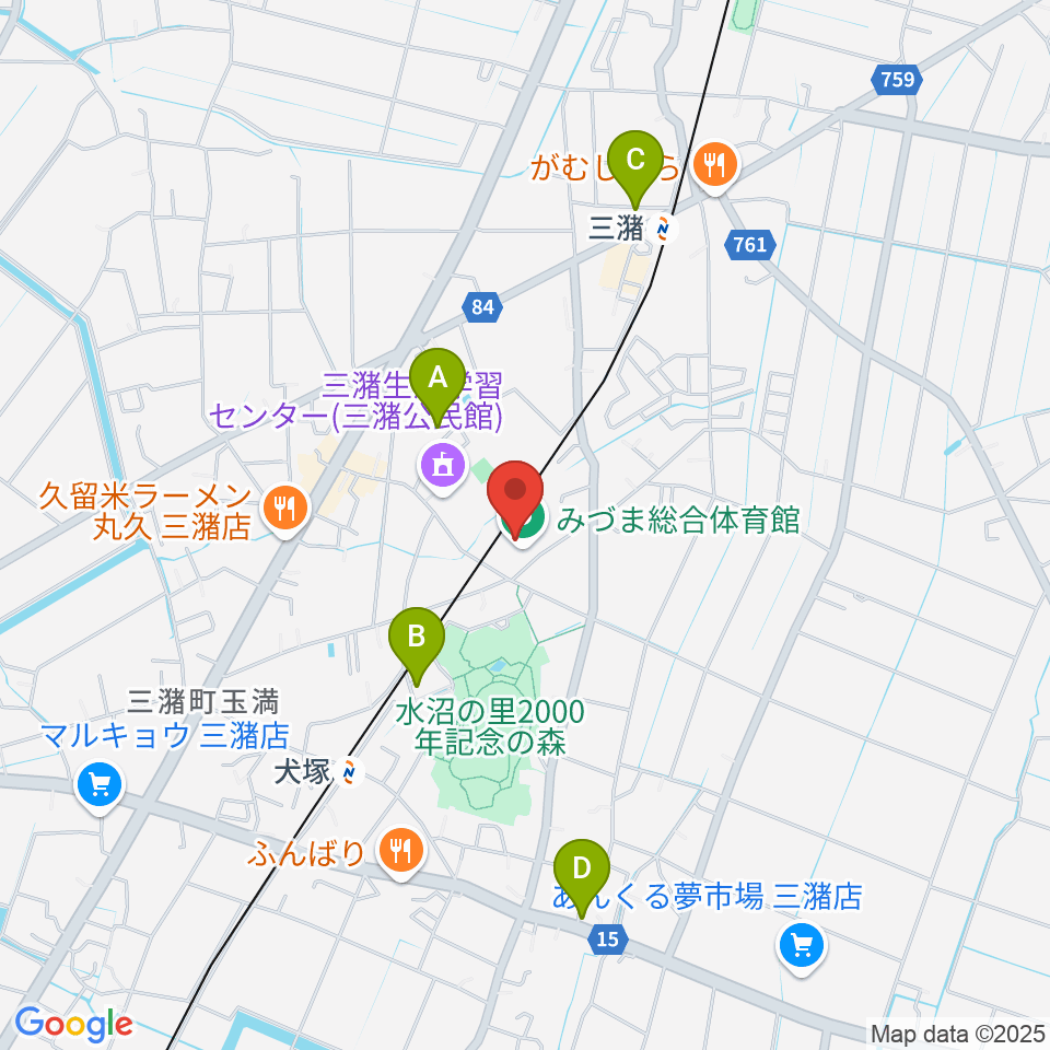 久留米市みづま総合体育館周辺の駐車場・コインパーキング一覧地図