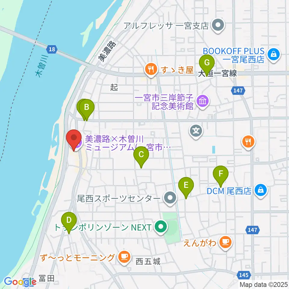 一宮市尾西歴史民俗資料館周辺の駐車場・コインパーキング一覧地図