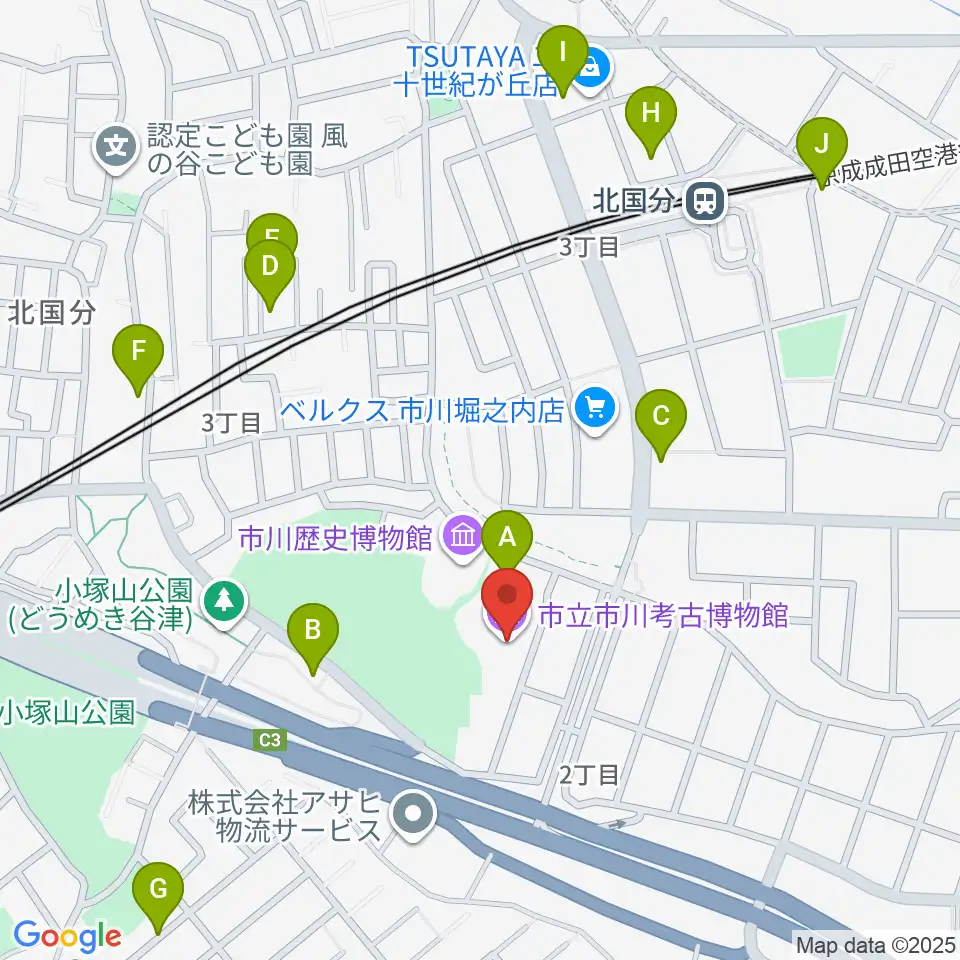 市立市川考古博物館周辺の駐車場・コインパーキング一覧地図