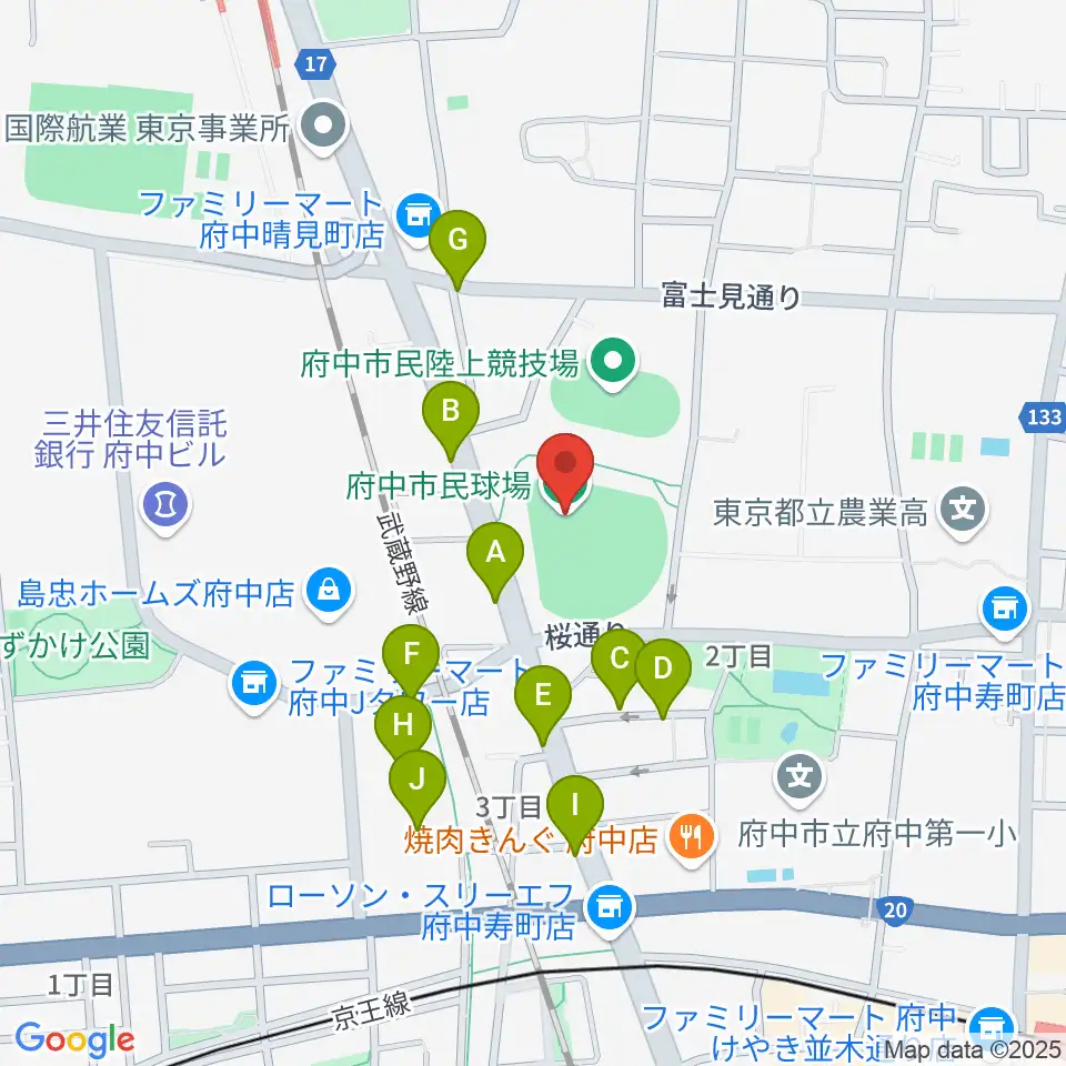 府中市民球場周辺の駐車場・コインパーキング一覧地図