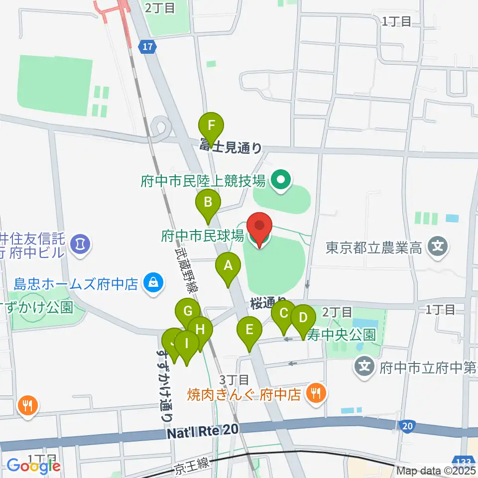 府中市民球場周辺の駐車場・コインパーキング一覧地図