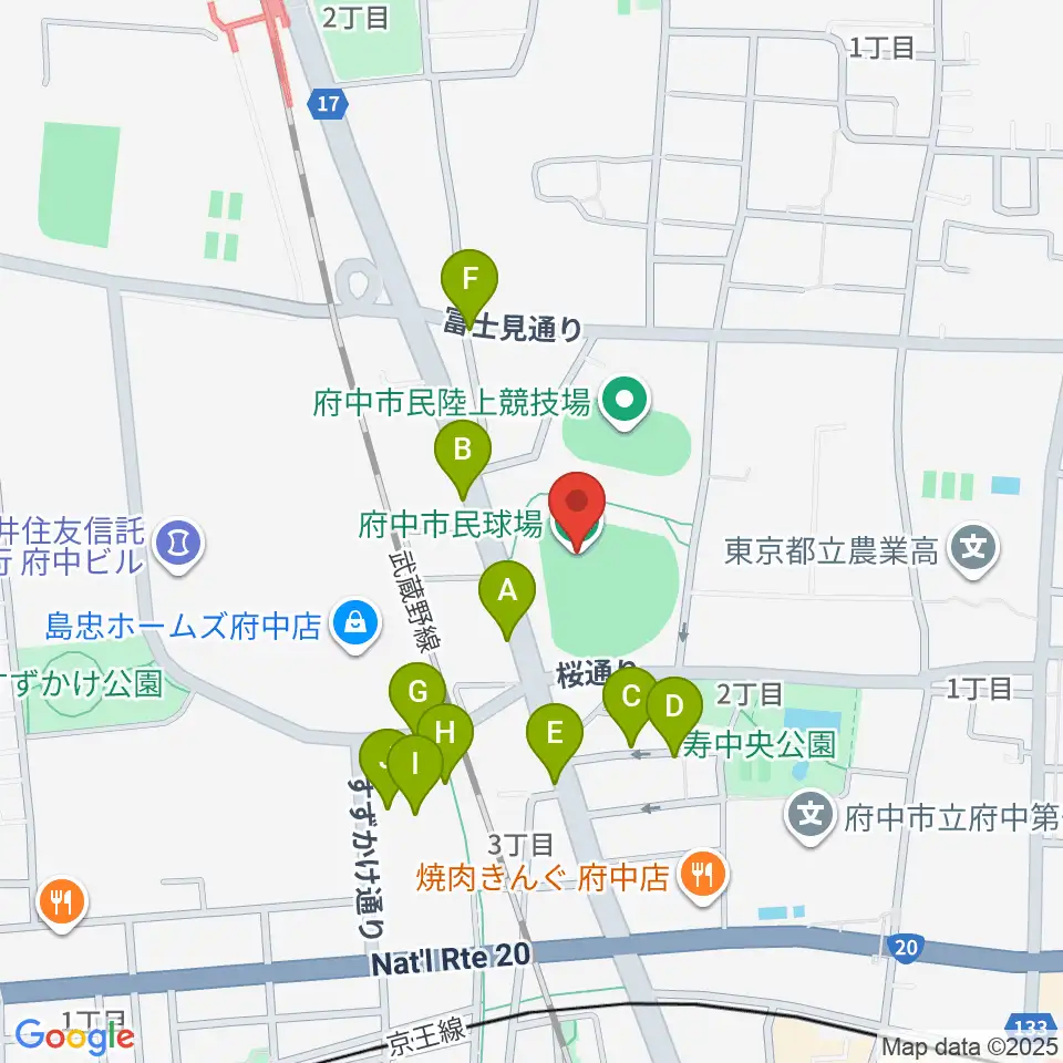 府中市民球場周辺の駐車場・コインパーキング一覧地図